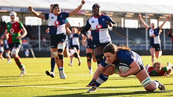28 March 2026; Maeve Óg O'Leary of Wolfhounds scores a try during the Celtic Challenge final match between Wolfhounds and Clovers at The Hive Stadium in Edinburgh, Scotland. Photo by Shauna Clinton/Sportsfile