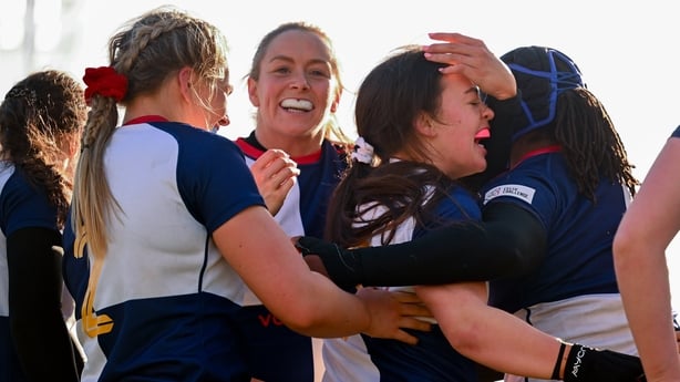 28 March 2026; Maeve Óg O'Leary of Wolfhounds, centre, is congratulated by team-mates after scoring a try during the Celtic Challenge final match between Wolfhounds and Clovers at The Hive Stadium in Edinburgh, Scotland. Photo by Shauna Clinton/Sportsfile