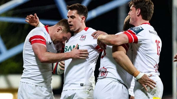 28 March 2026; Zac Ward of Ulster celebrates scoring a try with teammates during the United Rugby Championship match between Zebre and Ulster at Stadio Lanfranchi in Parma, Italy. Photo by Tim Rogers/Sportsfile