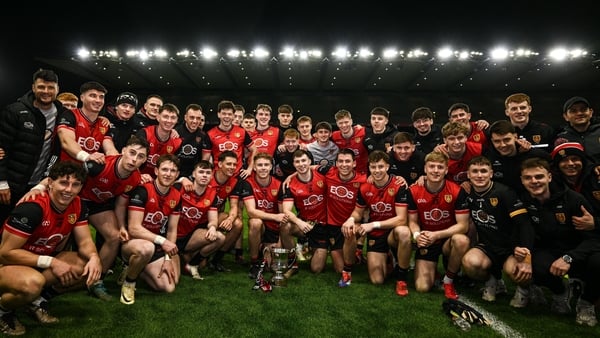 28 March 2026; Down players celebrate with the cup after the Allianz Football League Division 3 final match between Down and Wexford at Croke Park in Dublin. Photo by David Fitzgerald/Sportsfile