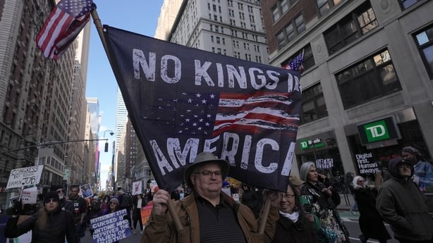 NEW YORK, UNITED STATES - MARCH 28: Demonstrators gather near Central Park before marching through Manhattan and passing through Times Square during the third âNo Kingsâ protest in New York, United States, on March 28, 2026. (Photo by Selcuk Acar/Anadolu via Getty Images)