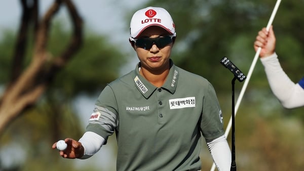PHOENIX, ARIZONA - MARCH 28: Hyo Joo Kim of Korea reacts on the 13th green during the third round of the Ford Championship presented by Wild Horse Pass 2026 at Whirlwind Golf Club in Wild Horse Pass on March 28, 2026 in Phoenix, Arizona. (Photo by Sarah S