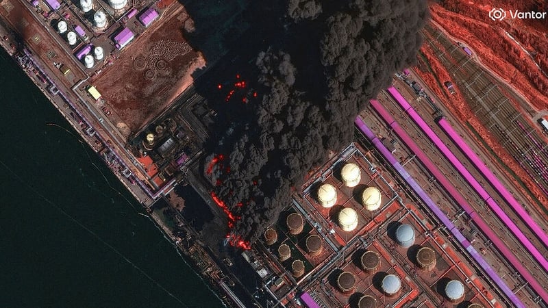 A satellite image of fire at the Ust-Luga oil terminal complex