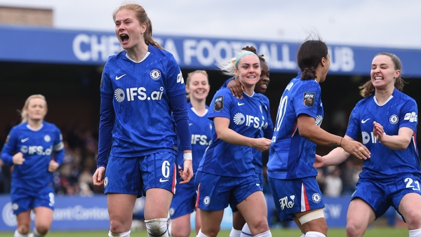 KINGSTON UPON THAMES, ENGLAND - MARCH 29: Sjoeke Nusken of Chelsea celebrates after scoring her team's fourth goal during the Barclays Women's Super League match between Chelsea FC and Aston Villa at Kingsmeadow on March 29, 2026 in Kingston upon Thames,