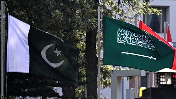 National flags of Pakistan (L) and Saudi Arabia flutter at Pakistan's Ministry of Foreign Affairs premises in Islamabad on March 29, 2026. Foreign ministers from Pakistan, Saudi Arabia,
