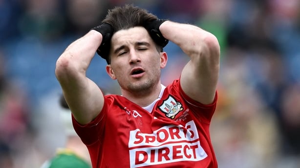 29 March 2026; Chris Óg Jones of Cork reacts to a missed scoring chance, in the 13th minute, during the Allianz Football League Division 2 final match between Meath and Cork at Croke Park in Dublin. Photo by Ray McManus/Sportsfile