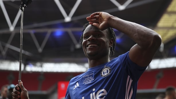 Millenic Alli of FC Halifax Town celebrate victory during the Isuzu FA Trophy Final between FC Halifax Town and Gateshead at Wembley Stadium, London on Sunday 21st May 2023. (Photo by Tom West/MI News/NurPhoto via Getty Images)