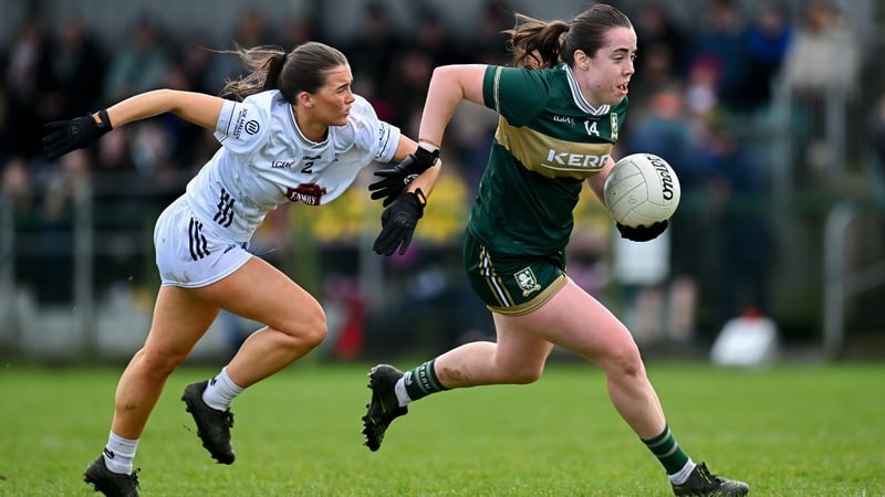 29 March 2026; Danielle O'Leary of Kerry gets past Aine Mernagh of Kildare during the Lidl Ladies National Football League Division 1 Round 7 match between Kildare and Kerry at Manguard Plus Kildare GAA Centre of Excellence in Kildare. Photo by Piaras Ó M