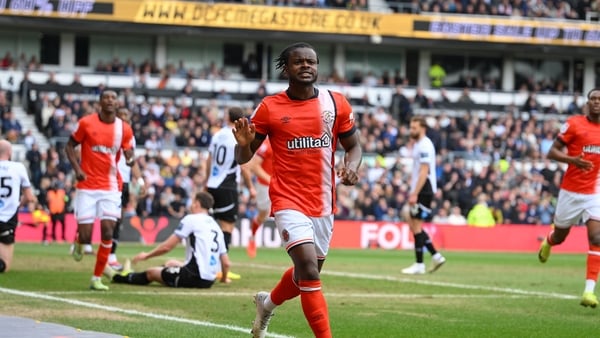Millenic Alli of Luton Town celebrates after scoring a goal to make it 0-1 during the Sky Bet Championship match between Derby County and Luton Town at Pride Park in Derby, England, on April 18, 2025. (Photo by Jon Hobley/MI News/NurPhoto)
