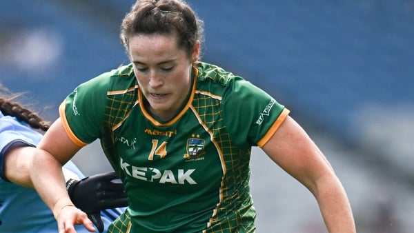12 May 2024; Marion Farrelly of Meath in action against Leah Caffrey of Dublin during the Leinster LGFA Senior Football Championship final match between Dublin and Meath at Croke Park in Dublin. Photo by Harry Murphy/Sportsfile