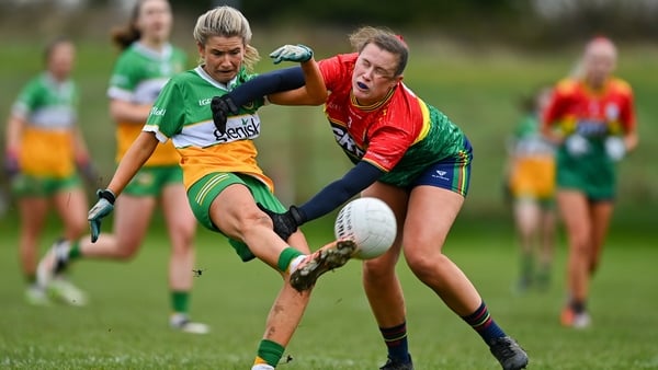 29 March 2026; Saoirse McGuinness of Offaly in action against Anne Roche of Carlow during the Lidl Ladies National Football League Division 4 semi-final match between Carlow and Offaly at MacCann Park in Portarlington, Laois. Photo by Tyler Miller/Sportsf