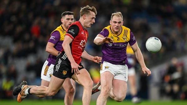 28 March 2026; Liam Kerr of Down in action against Shane Doyle of Wexford during the Allianz Football League Division 3 final match between Down and Wexford at Croke Park in Dublin. Photo by David Fitzgerald/Sportsfile
