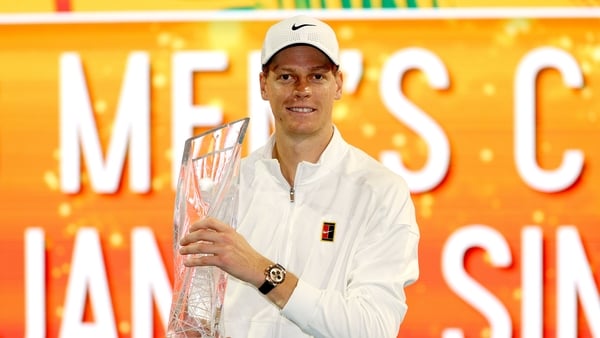 MIAMI GARDENS, FLORIDA - MARCH 29: Jannik Sinner of Italy poses with the Butch Buchholz Trophy after defeating Jiri Lehecka of Czechia during the Men's Singles Final of the Miami Open Presented by Itau at Hard Rock Stadium on March 29, 2026 in Miami Garde