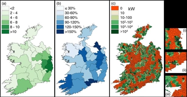 (a) Current distribution of BEVs per 1000 people per county. (b) Change of new BEV registrations 2021-2024 (%) per county. (c) Available logarithmic demand capacity per electoral division computed from ESB availability capacity map with insets on Dublin (i), Cork (ii), and Galway (iii). [TCD]