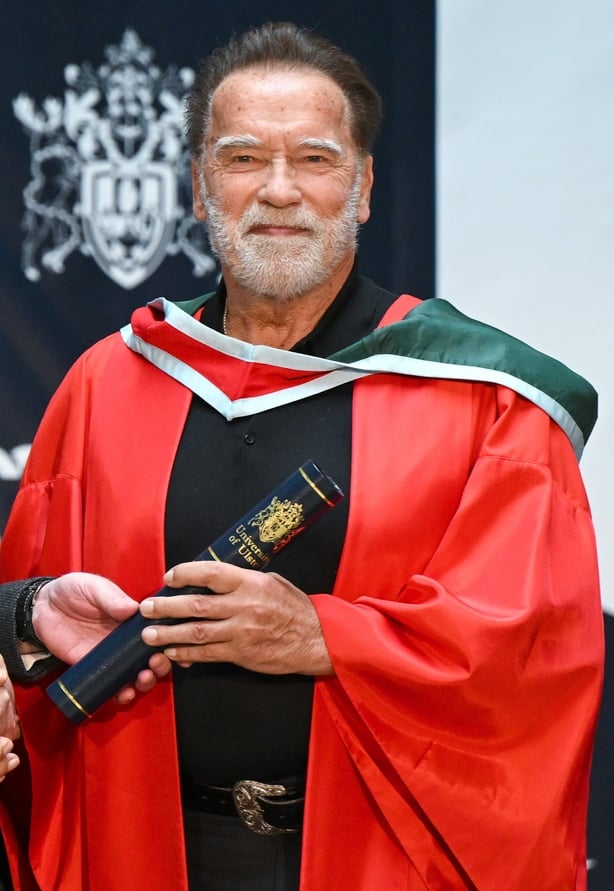 Arnold Schwarzenegger receives his honorary doctorate during a ceremony at Ulster University on 30 March 30, 2026 in Belfast. (Photo by Charles McQuillan/Getty Images)