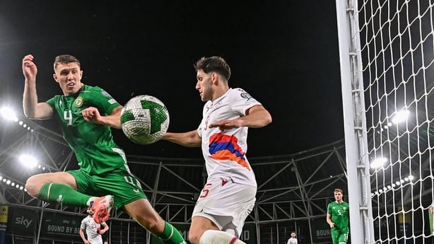 14 October 2025; Dara O'Shea of Republic of Ireland misses a chance on goal during the FIFA World Cup 2026 Group F qualifying match between Republic of Ireland and Armenia at the Aviva Stadium in Dublin. Photo by Stephen McCarthy/Sportsfile