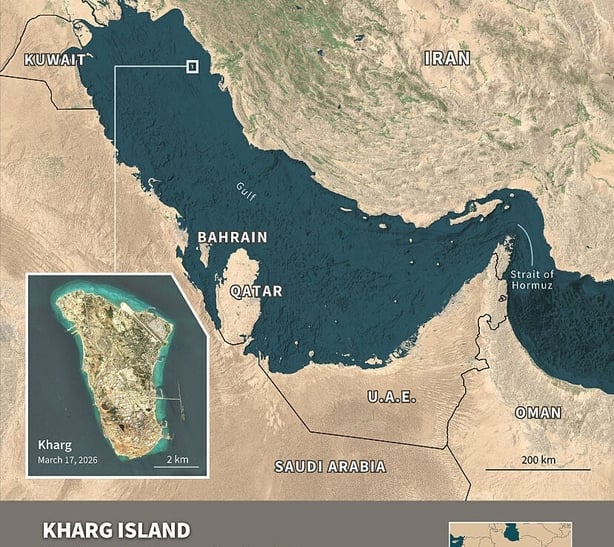 Infographic with satellite images of the Gulf and Strait of Hormuz, and Kharg island, a vital hub for Iran's crude oil exports
