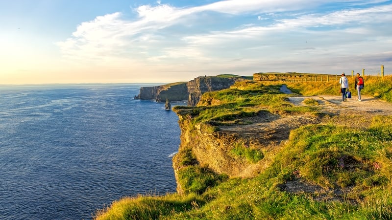 Image shows a grass covered walking trail on high cliffs overlooking the sea with a blue sky above.
