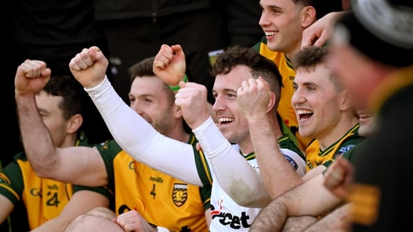 Donegal goalkeeper Gavin Mulreany and Shane O'Donnell, celebrate after the league title with team-mates at Croke Park