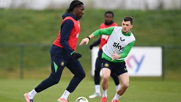 Bosun Lawal and Jason Knight, right, during a Republic of Ireland men's training session at the FAI National Training Centre in Abbotstown, Dublin.