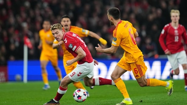 Rasmus Hojlund (Denmark) controls the ball during during Semi-final FIFA World Cup Qualification: Denmark and North Macedonia at Parken Stadium, Copenhagen, Denmark on March 26, 2026.