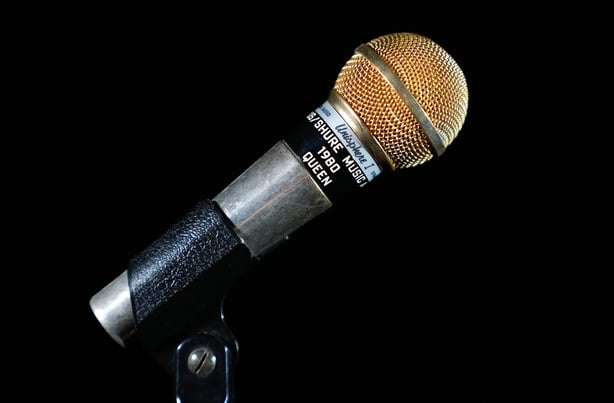 Freddie Mercury's gold Shure 565 SD microphone, from the Peter Hince Collection, used for 1982 Top of the Pops performance (est. �30,000 - �60,000) on display during a photocall for the upcoming Music Live Auction, at the Propstore in Rickmansworth, Hertfordshire. The auction, to be held on April 30