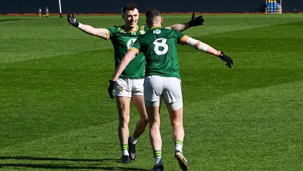 Bryan Menton, right, and Jordan Morris celebrate the Division 2 final victory over Cork at Croke Park