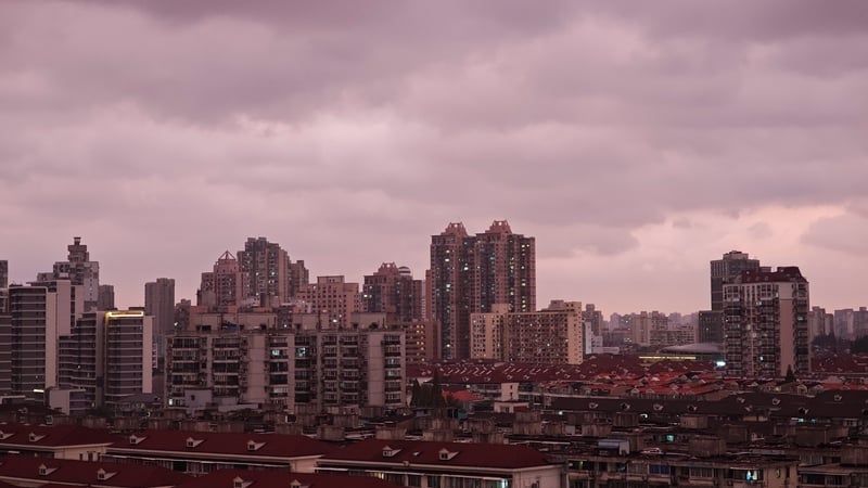 SHANGHAI, CHINA - JULY 29, 2025 - The clouds above the city skyline are purple due to Severe Tropical Storm Co-may in Shanghai, China on July 29, 2025. (Photo credit should read CFOTO/Future Publishing via Getty Images)