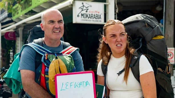 Andrew and Molly in Vasiliki, try hitching to Lefkada, Greece. Photo: BBC/Studio Lambert