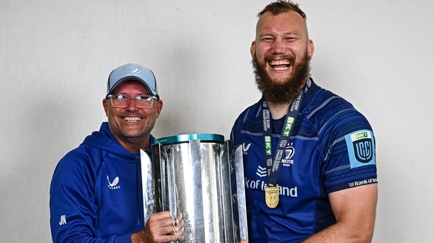 14 June 2025; Leinster senior coach Jacques Nienaber, left, and RG Snyman celebrate with the URC trophy after the United Rugby Championship Grand Final match between Leinster and Vodacom Bulls at Croke Park in Dublin. Photo by Brendan Moran/Sportsfile