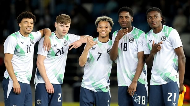 Republic of Ireland players, from left, Leon Ayinde, Jack Moorhouse, Trent Kone Doherty, Romeo Akachukwu and Jaden Umeh celebrate after the UEFA European U21 Championship qualifier match between Kazakhstan and Republic of Ireland at Turkistan Arena in Turkeistan, Kazakhstan.