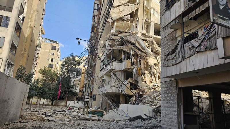 Picture shows the destruction at the site of an Israeli airstrike that targeted the Bir al-Abed neighbourhood in the southern suburbs of the Lebanese capital Beirut