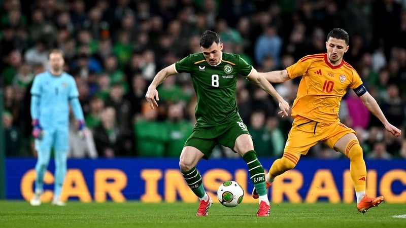 31 March 2026; Jason Knight of Republic of Ireland in action against Enis Bardhi of North Macedonia during the international friendly match between Republic of Ireland and North Macedonia at the Aviva Stadium in Dublin. Photo by Seb Daly/Sportsfile