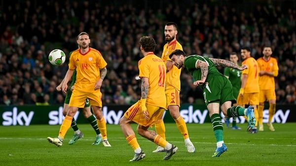 31 March 2026; Troy Parrott of Republic of Ireland has a header on goal during the international friendly match between Republic of Ireland and North Macedonia at Aviva Stadium in Dublin. Photo by Stephen McCarthy/Sportsfile