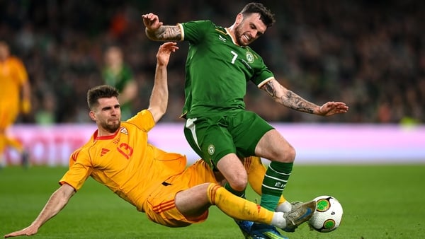 Troy Parrott of Republic of Ireland is tackled by Imran Fetai of North Macedonia during the international friendly match between Republic of Ireland and North Macedonia at Aviva Stadium in Dublin.