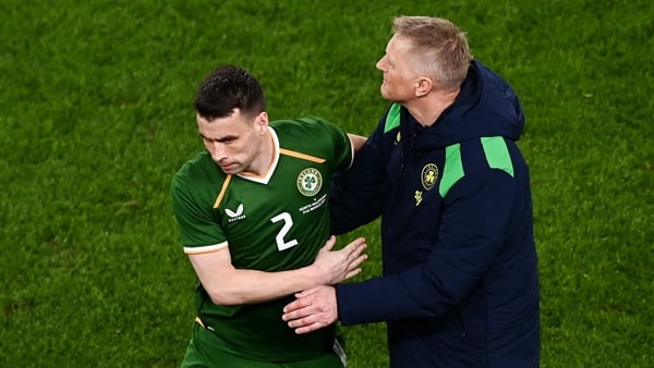 31 March 2026; Seamus Coleman of Republic of Ireland with manager Heimir Hallgrimsson upon being substituted during the international friendly match between Republic of Ireland and North Macedonia at Aviva Stadium in Dublin. Photo by Ben McShane/Sportsfil