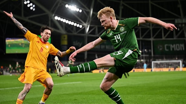31 March 2026; Liam Scales of Republic of Ireland in action against Darko Churlinov of North Macedonia during the international friendly match between Republic of Ireland and North Macedonia at the Aviva Stadium in Dublin. Photo by Seb Daly/Sportsfile