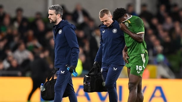 31 March 2026; James Abankwah of Republic of Ireland leaves the pitch with an injury during the international friendly match between Republic of Ireland and North Macedonia at Aviva Stadium in Dublin. Photo by Stephen McCarthy/Sportsfile