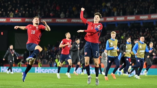 PRAGUE, CZECH REPUBLIC - MARCH 31: Michal Sadilek and Ladislav Krejci of Czechia celebrate victory and qualification for FIFA World Cup 2026 during the FIFA World Cup 2026 European Qualifiers KO play-offs match between Czechia and Denmark at EPET ARENA on March 31, 2026 in Prague, Czech Republic. (P