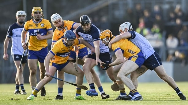 25 January 2026; David Fitzgerald of Clare is tackled by Andy Dunphy of Dublin during the Allianz Hurling League Division 1B match between Clare and Dublin at Zimmer Biomet Páirc Chíosóg in Ennis, Clare. Photo by Tom Beary/Sportsfile