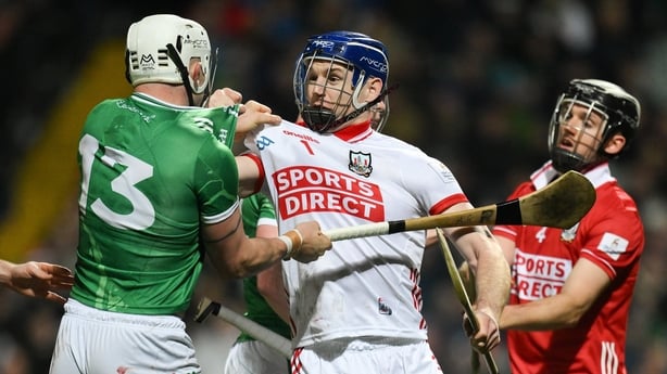 7 March 2026; Aaron Gillane of Limerick and Cork goalkeeper Patrick Collins tussle during the Allianz Hurling League Division 1A match between Limerick and Cork at TUS Gaelic Grounds in Limerick. Photo by Brendan Moran/Sportsfile