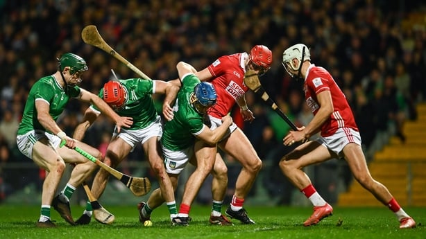7 March 2026; From left, Adam English, Barry Nash and Mike Casey of Limerick in action against Brian Hayes, left and Alan Walsh of Cork during the Allianz Hurling League Division 1A match between Limerick and Cork at TUS Gaelic Grounds in Limerick. Photo by Tom Beary/Sportsfile