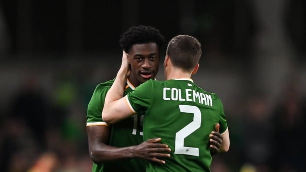 James Abankwah of Republic of Ireland, left, comes on as substitute to replace teammate Seamus Coleman during the international friendly match between Republic of Ireland and North Macedonia at Aviva Stadium in Dublin.