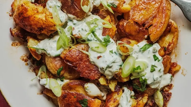 Crispy potato salad with mustard caper dressing