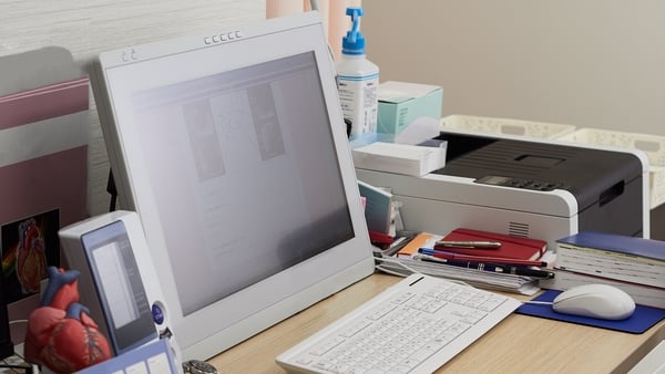 Hospital office desk with computer screen