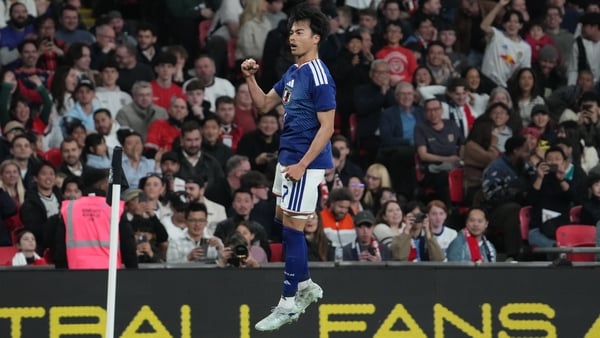 LONDON, ENGLAND - MARCH 31: Kaoru Mitoma of Japan celebrates the first goal during the international friendly match between England and Japan at Wembley Stadium on March 31, 2026 in London, England. (Photo by Masashi Hara/Getty Images)