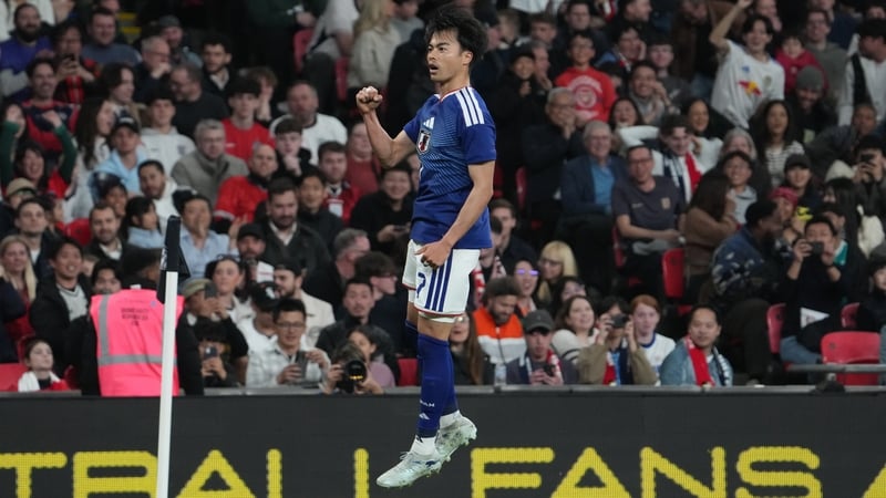 LONDON, ENGLAND - MARCH 31: Kaoru Mitoma of Japan celebrates the first goal during the international friendly match between England and Japan at Wembley Stadium on March 31, 2026 in London, England. (Photo by Masashi Hara/Getty Images)