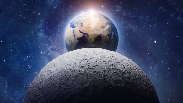 Earth planet and Moon globe in deep space background. Blue Earth. Artemis space mission. Elements of this image furnished by NASA