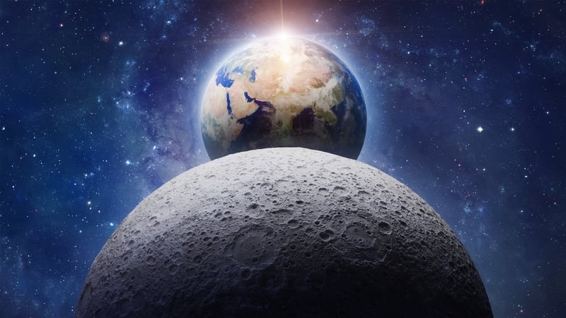 Earth planet and Moon globe in deep space background. Blue Earth. Artemis space mission. Elements of this image furnished by NASA