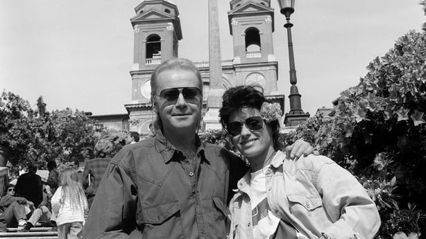 Irish singer/songwriter Liam Reilly and singer Kim Jackson on the Spanish Steps in Rome, Italy, in the days leading up to the 36th Eurovision Song Contest, which was held in Studio 15 di Cinecittà in Rome on 4 May 1991.